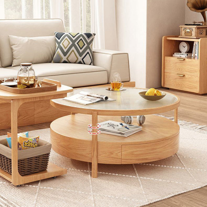 Zeitgenössischer japanischer quadratischer runder Glas-Holz-Beistelltisch 2-stufig für das Wohnzimmer 
