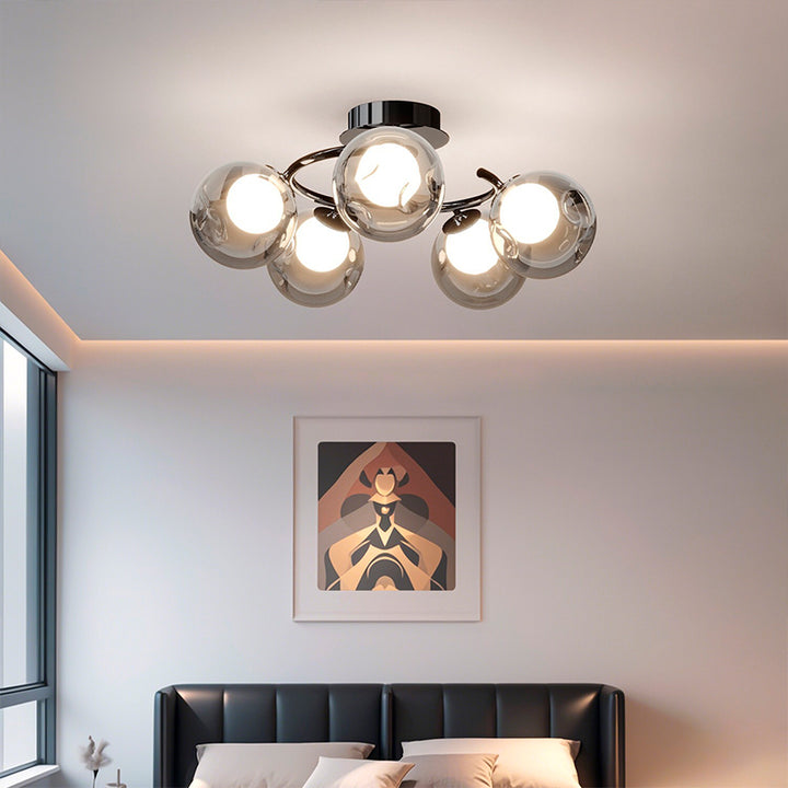 Modern Mid-Century Round Electroplated Glass Stainless Steel Carbon Steel 5-Light Semi-Flush Mount Ceiling Light For Living Room