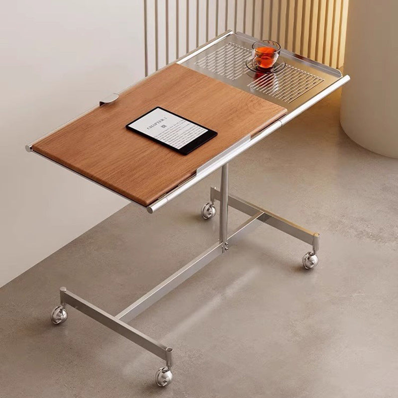 Contemporary Nordic Rectangular Round Pole Solid Wood Stainless Steel Liftable Side Table For Living Room