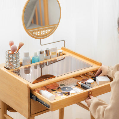Traditional Rustic Rectangular Bamboo Stainless Steel Glass Makeup Vanity 2-Drawer For Bedroom