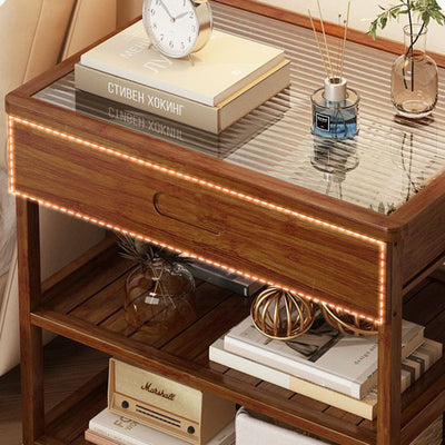 Mesa Auxiliar Nórdica Contemporánea de Vidrio Rectangular de Bambú de 3 Niveles para Sala de Estar 