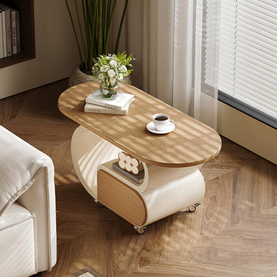 Contemporary Scandinavian Oval Multi-Layer Solid Wood Carbon Steel Movable Side Table 1-Drawer For Living Room