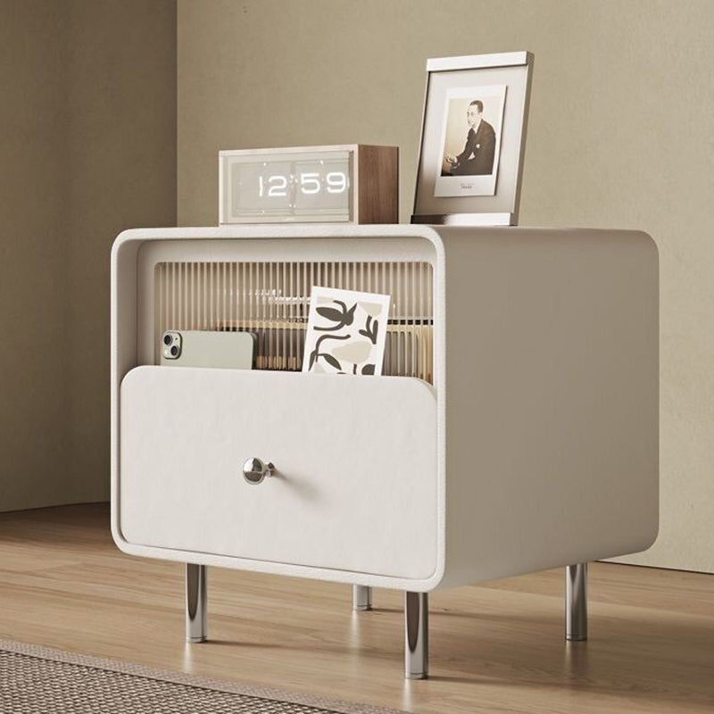 Modern Minimalist Square Microfiber Leather Medium Density Fiberboard Glass Stainless Steel Nightstand 1-Drawer For Bedroom