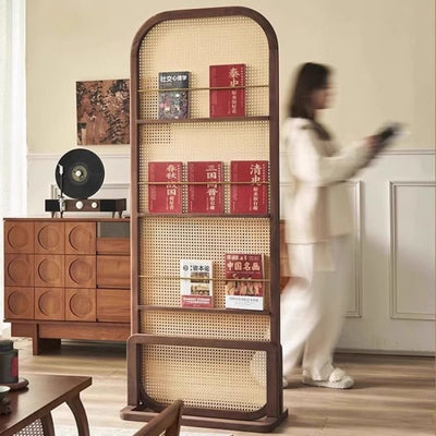 Traditional Chinese Rubberwood Solid Wood PE Rattan Room Divider With 3-Tier Storage Shelf For Living Room
