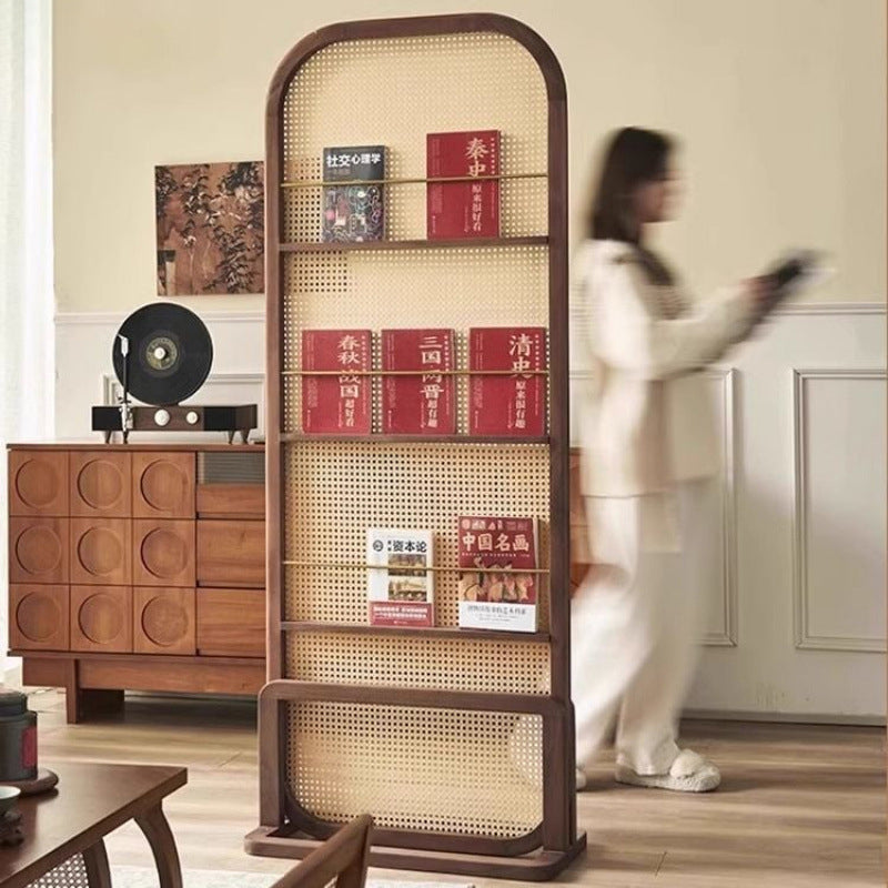 Traditional Chinese Rubberwood Solid Wood PE Rattan Room Divider With 3-Tier Storage Shelf For Living Room