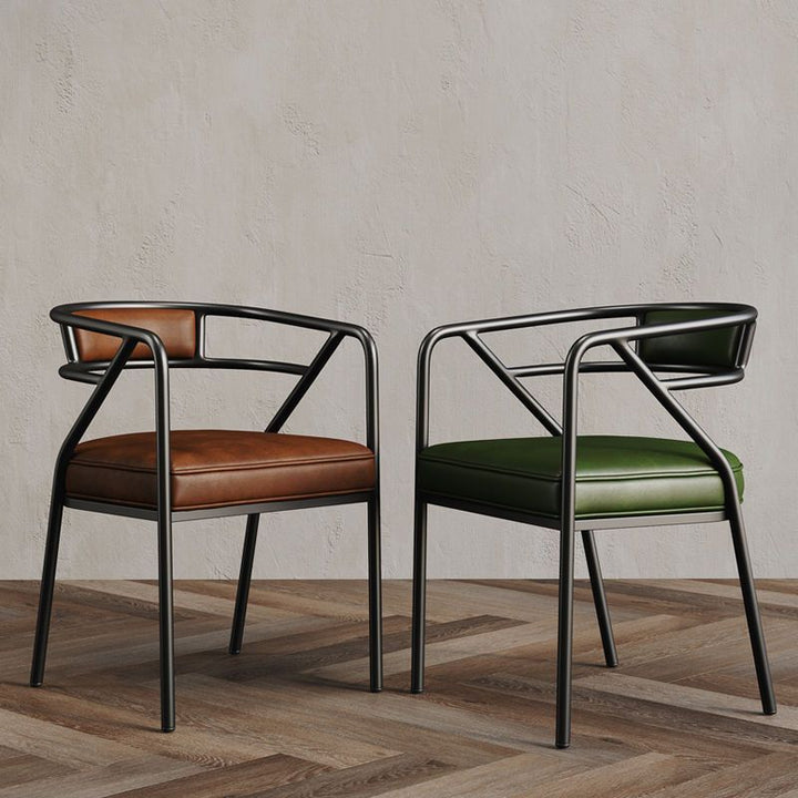 Zeitgenössischer industrieller quadratischer gepolsterter Wildlederstoff PU-Leder Eisen Esszimmerstuhl mit gebogener Rückenlehne und Armlehne für das Esszimmer 