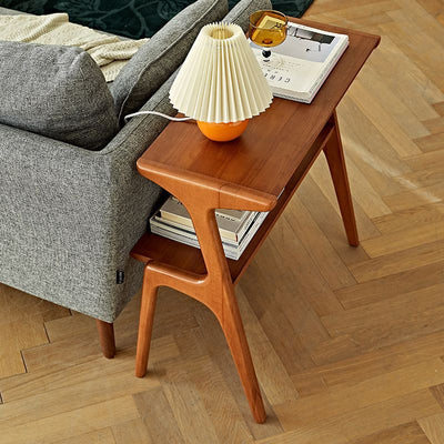 Table d'appoint rectangulaire contemporaine en bois de hêtre et caoutchouc à 2 niveaux pour salon 