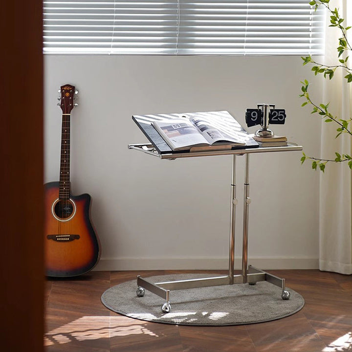 Contemporary Nordic Rectangular Round Pole Solid Wood Stainless Steel Liftable Side Table For Living Room