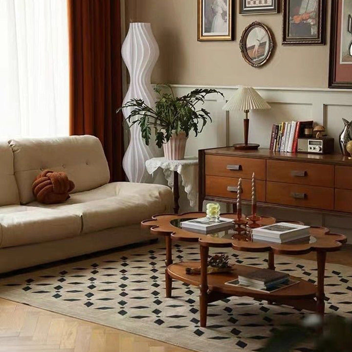 Table basse elliptique vintage traditionnelle en bois et verre à fleurs à 2 niveaux pour salon 