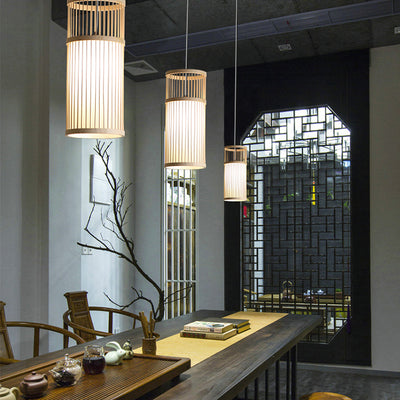 Linterna colgante de bambú tejido Zen japonés de 1 luz 