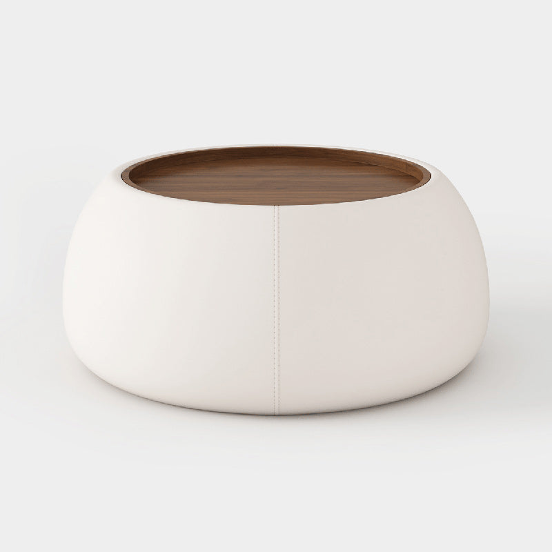 Contemporary Nordic Round Cylinder Walnut Wood Microfiber Leather Coffee Table 1-Storage For Living Room