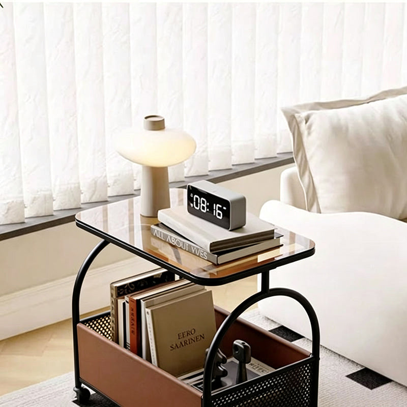 Table basse rectangulaire minimaliste moderne en fer, similicuir, verre amovible avec 1 rangement pour salon 