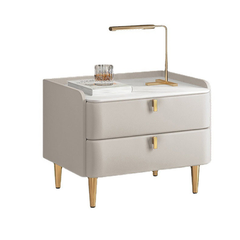 Table de nuit moderne en cuir, bois de pin et acier au carbone avec plateau rectangulaire et 2 tiroirs 