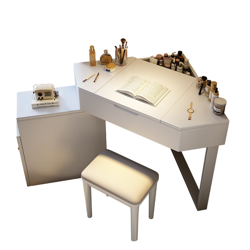 Modern Minimalist Rectangular Hexagonal Rubberwood Plywood Glass Microfiber Leather Makeup Vanity 4-Tier For Bedroom