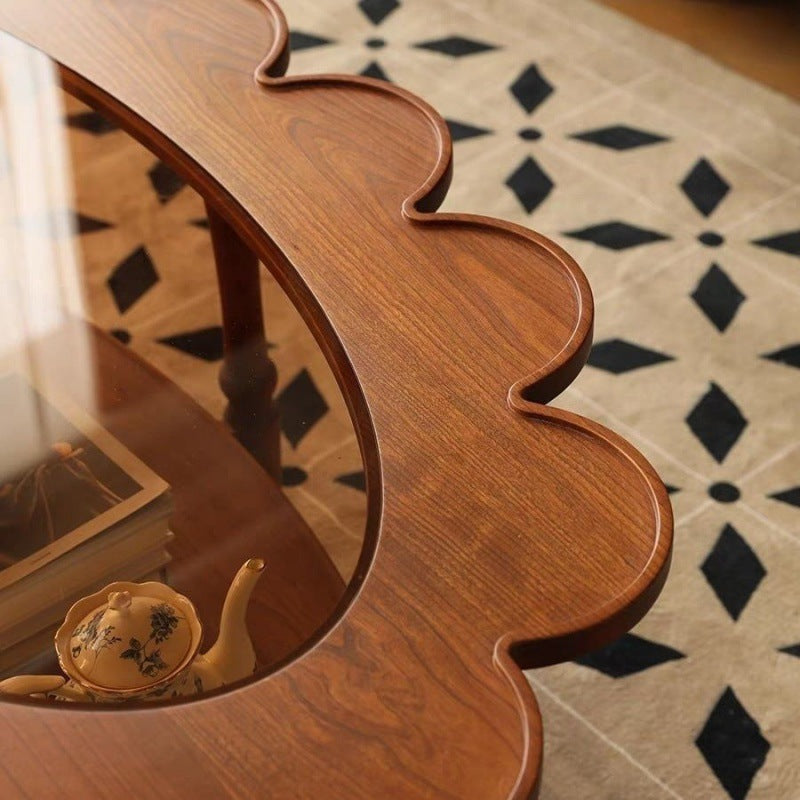 Table basse elliptique vintage traditionnelle en bois et verre à fleurs à 2 niveaux pour salon 