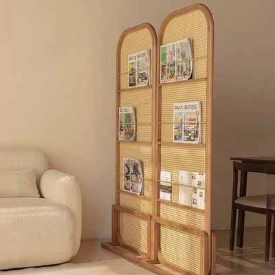 Traditional Chinese Rubberwood Solid Wood PE Rattan Room Divider With 3-Tier Storage Shelf For Living Room