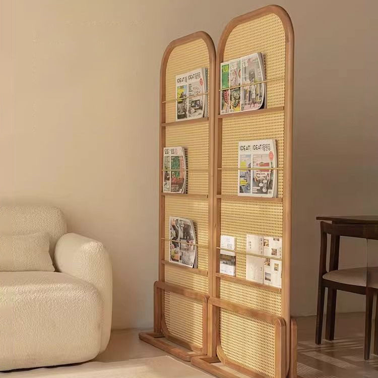 Traditional Chinese Rubberwood Solid Wood PE Rattan Room Divider With 3-Tier Storage Shelf For Living Room