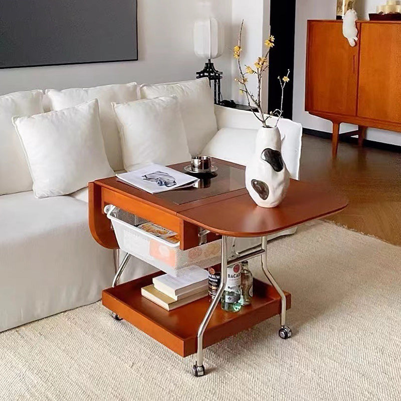 Mesa de café rectangular contemporánea retro de madera, vidrio y metal con 3 almacenamientos para la sala de estar 