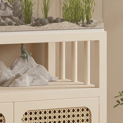 Traditional Chinese Square Carbon Steel Tempered Glass PE Rattan Side Table 1-Cabinet 1-Tier For Living Room