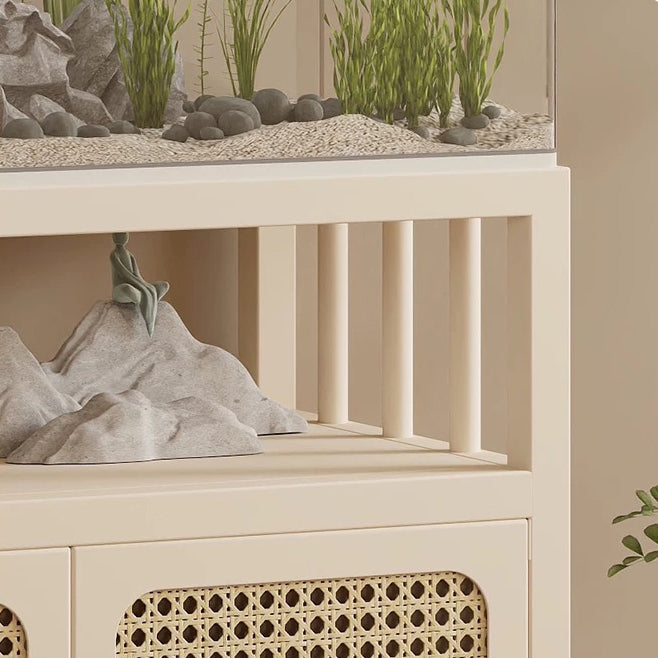 Traditional Chinese Square Carbon Steel Tempered Glass PE Rattan Side Table 1-Cabinet 1-Tier For Living Room