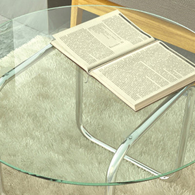 Modern Minimalist Round Glass Stainless Steel Coffee Table 1-Tier For Living Room