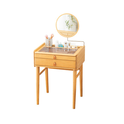 Traditional Rustic Rectangular Bamboo Stainless Steel Glass Makeup Vanity 2-Drawer For Bedroom