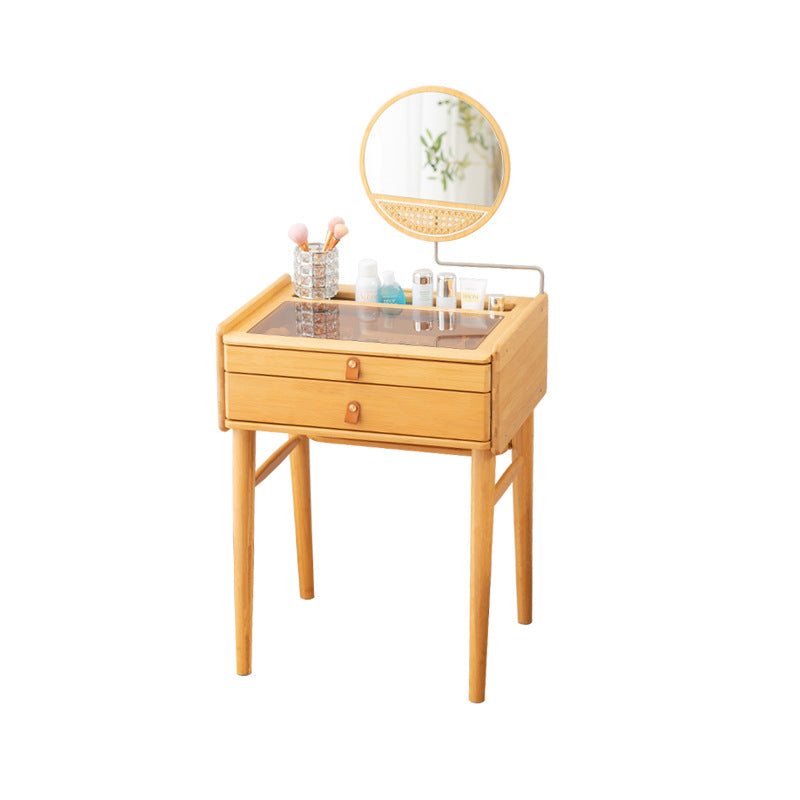 Traditional Rustic Rectangular Bamboo Stainless Steel Glass Makeup Vanity 2-Drawer For Bedroom