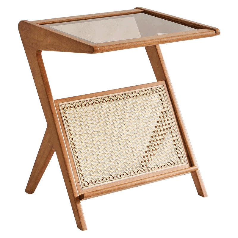 Contemporary Scandinavian Square Rubberwood Solid Wood Glass Side Table For Living Room