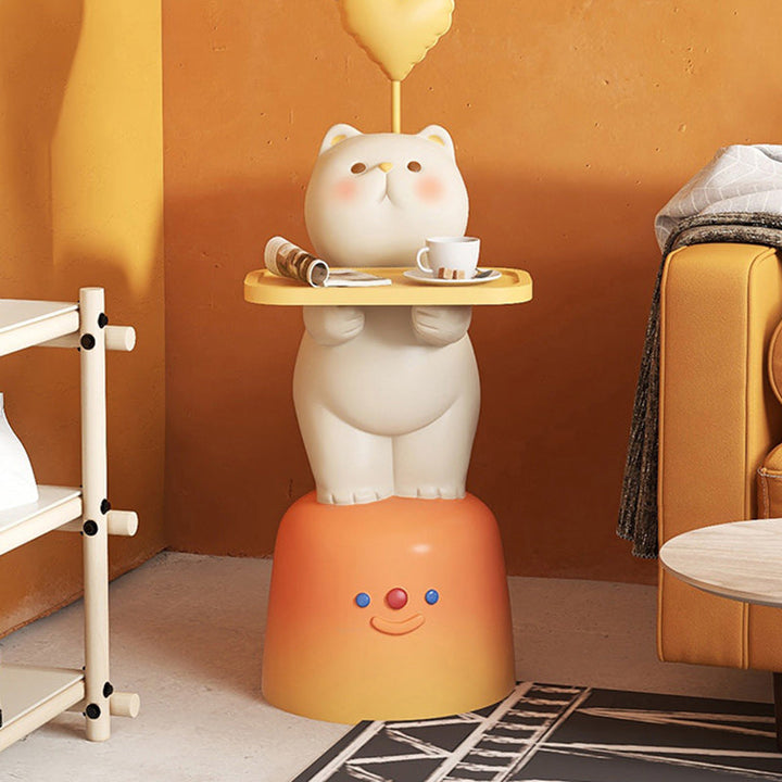 Moderner Art Deco Kinder Katzen rechteckiger Harz Metall Holz Beistelltisch 1-Tablett mit LED-Licht für Schlafzimmer 