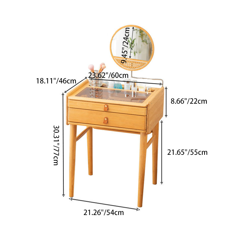 Traditional Rustic Rectangular Bamboo Stainless Steel Glass Makeup Vanity 2-Drawer For Bedroom