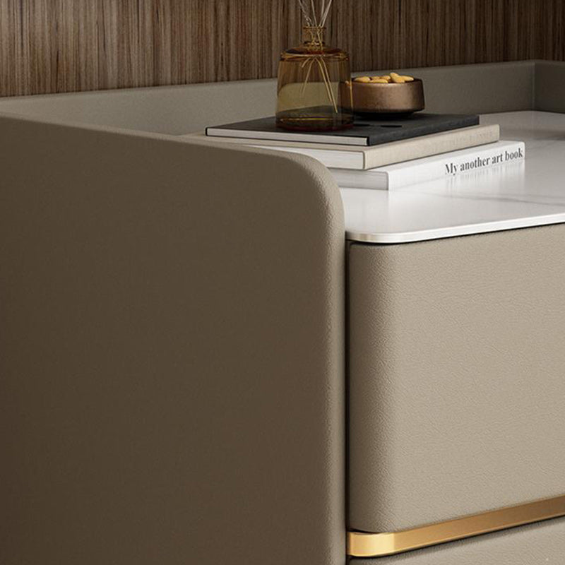 Table de chevet moderne en cuir avec 2 tiroirs rectangulaire en bois massif pour chambre 