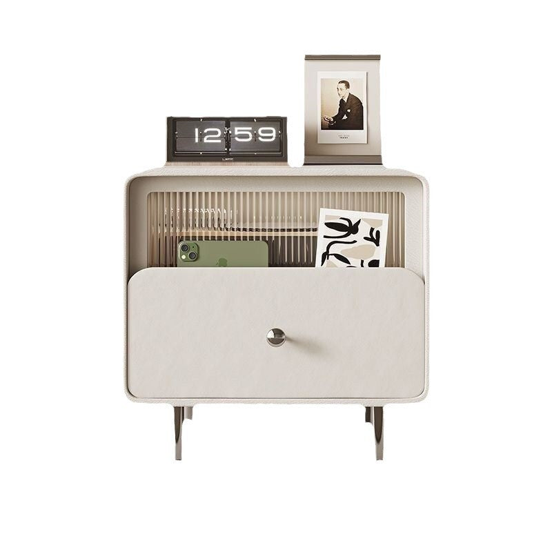 Modern Minimalist Square Microfiber Leather Medium Density Fiberboard Glass Stainless Steel Nightstand 1-Drawer For Bedroom