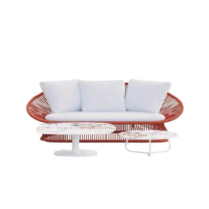 Contemporary Boho Waterproof Weaving Rattan Rope Sponge Aluminum Alloy Slab Round Elliptical Outdoor Coffee Table &amp; Chair Set For Outdoor Patio