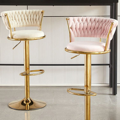 Contemporary Luxury Round Iron Faux Velvet Height Adjustable Bar Stool For Kitchen