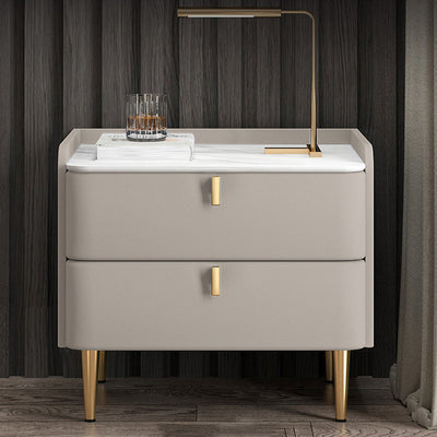 Table de nuit moderne en cuir, bois de pin et acier au carbone avec plateau rectangulaire et 2 tiroirs 