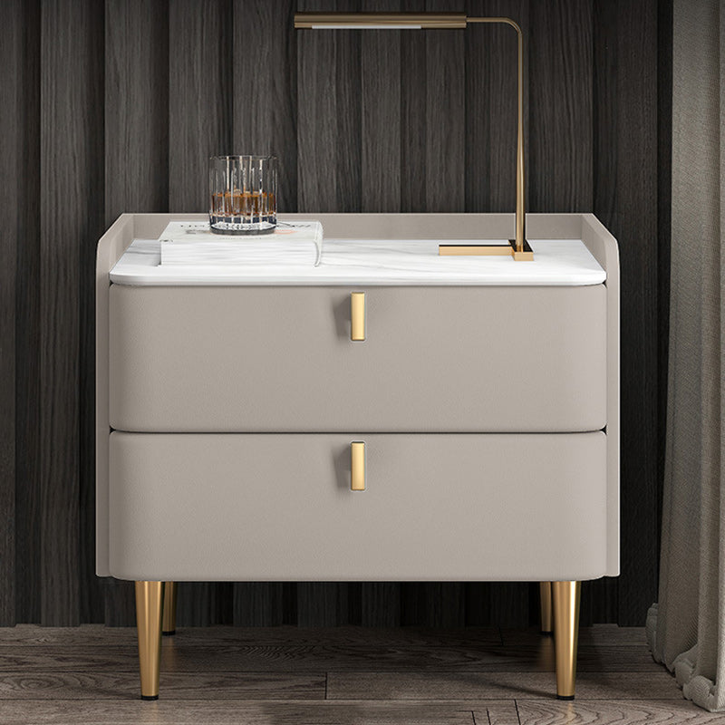 Table de nuit moderne en cuir, bois de pin et acier au carbone avec plateau rectangulaire et 2 tiroirs 