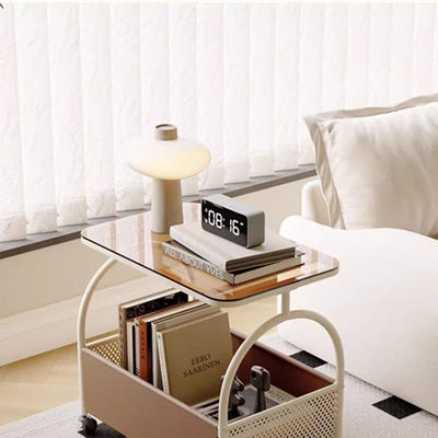Modern Minimalist Rectangular Iron Faux Leather Glass Removable Coffee Table 1-Storage For Living Room