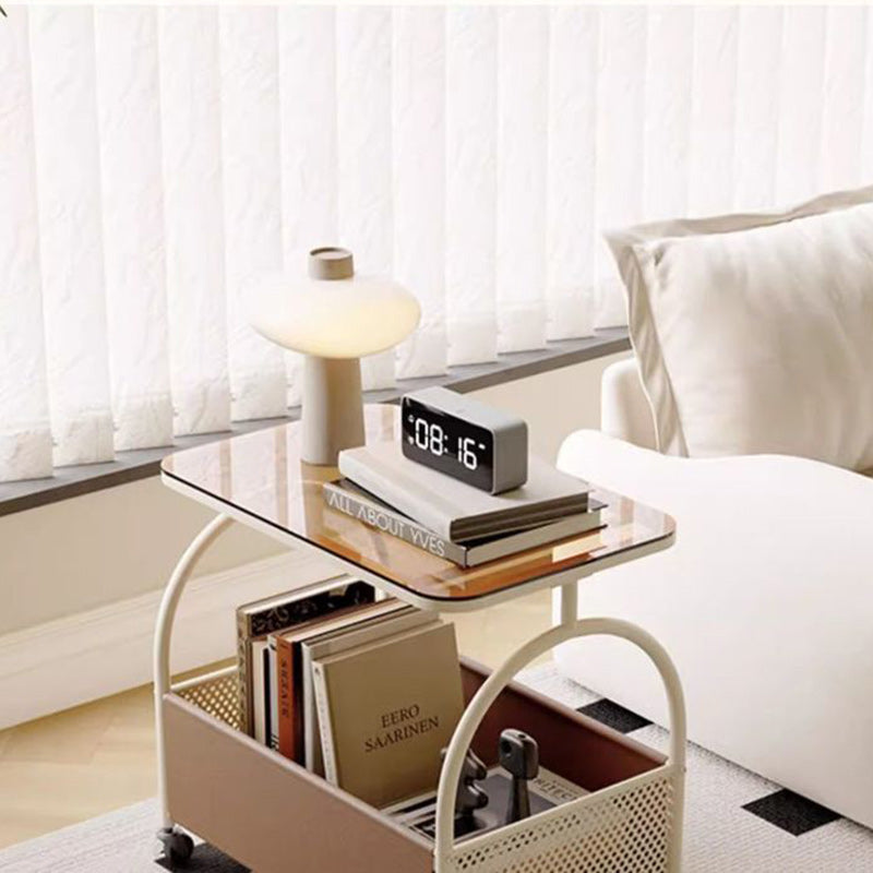 Modern Minimalist Rectangular Iron Faux Leather Glass Removable Coffee Table 1-Storage For Living Room