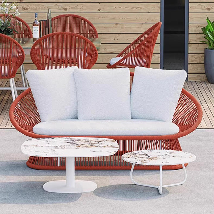 Contemporary Boho Waterproof Weaving Rattan Rope Sponge Aluminum Alloy Slab Round Elliptical Outdoor Coffee Table & Chair Set For Outdoor Patio