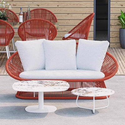 Zeitgenössisches Boho Wasserdichtes Weben Rattan Seil Schwamm Aluminiumlegierung Platte Runde Elliptische Outdoor Kaffetisch & Stuhl Set Für Außenbereich Patio 