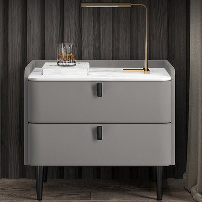 Table de nuit moderne en cuir, bois de pin et acier au carbone avec plateau rectangulaire et 2 tiroirs 