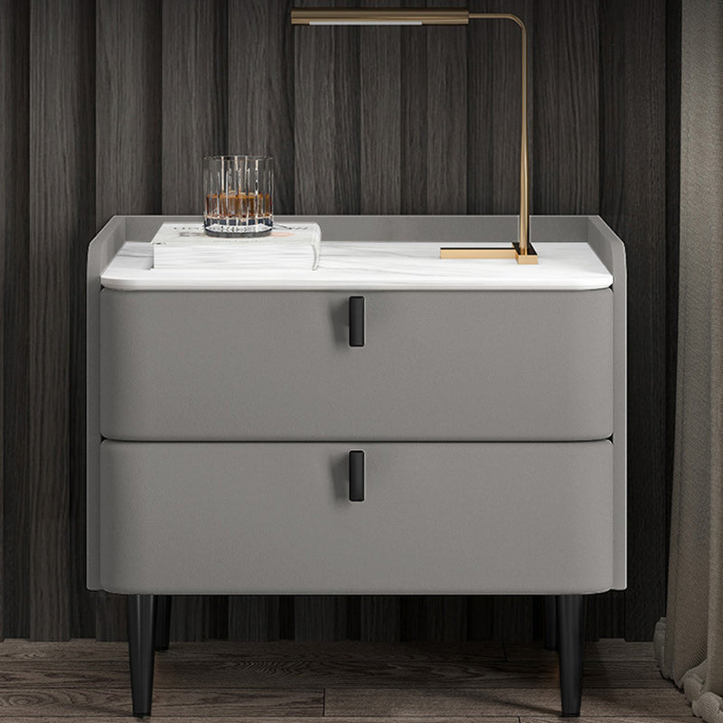 Table de nuit moderne en cuir, bois de pin et acier au carbone avec plateau rectangulaire et 2 tiroirs 