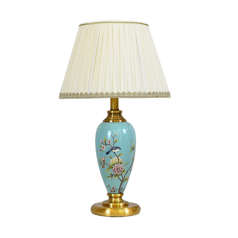 Traditional Chinese Cylindrical Floral And Bird Pattern Metal Ceramic Fabric 1-Light Table Lamp For Bedroom