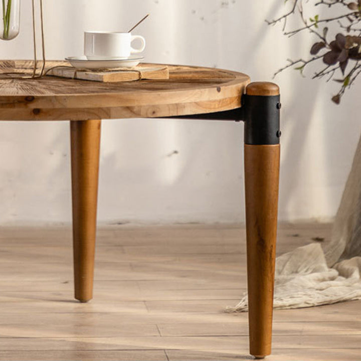 Table basse rustique traditionnelle ronde en bois de sapin et fer, 1 niveau, pour salon 