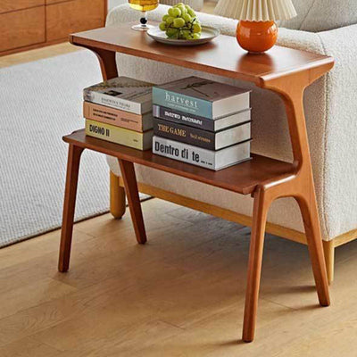 Table d'appoint rectangulaire contemporaine en bois de hêtre et caoutchouc à 2 niveaux pour salon 