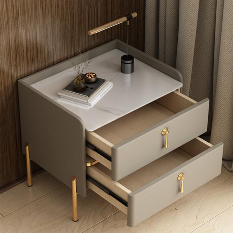 Table de chevet moderne en cuir avec 2 tiroirs rectangulaire en bois massif pour chambre 