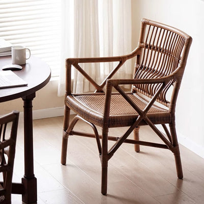 Traditional Farmhouse Rectangular Rattan Solid Wood Dining Chair Backrest Armrest For Dining Room
