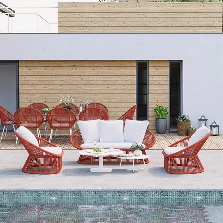 Contemporary Boho Waterproof Weaving Rattan Rope Sponge Aluminum Alloy Slab Round Elliptical Outdoor Coffee Table &amp; Chair Set For Outdoor Patio