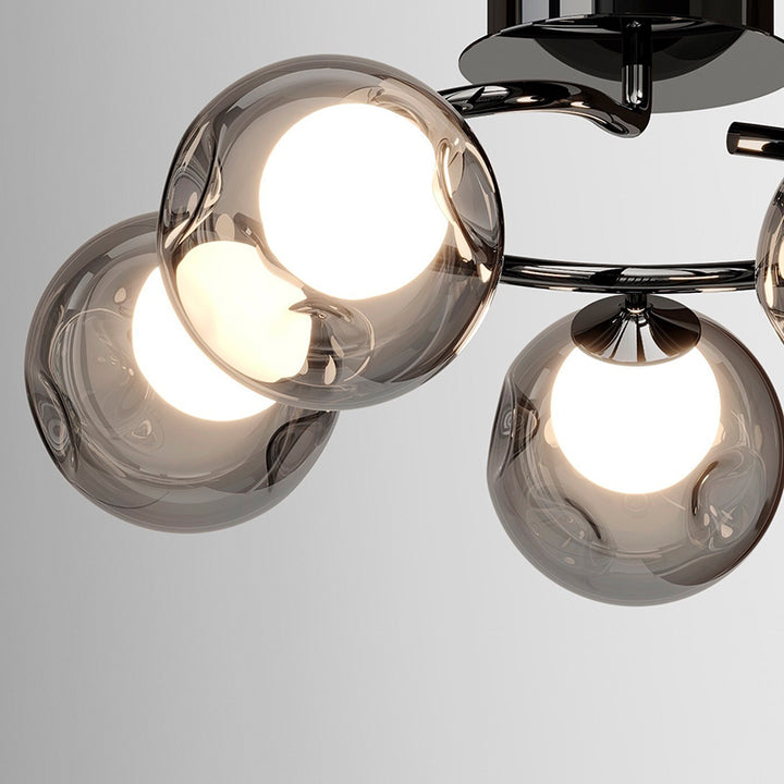 Modern Mid-Century Round Electroplated Glass Stainless Steel Carbon Steel 5-Light Semi-Flush Mount Ceiling Light For Living Room