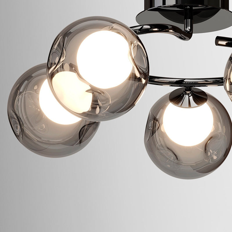 Modern Mid-Century Round Electroplated Glass Stainless Steel Carbon Steel 5-Light Semi-Flush Mount Ceiling Light For Living Room